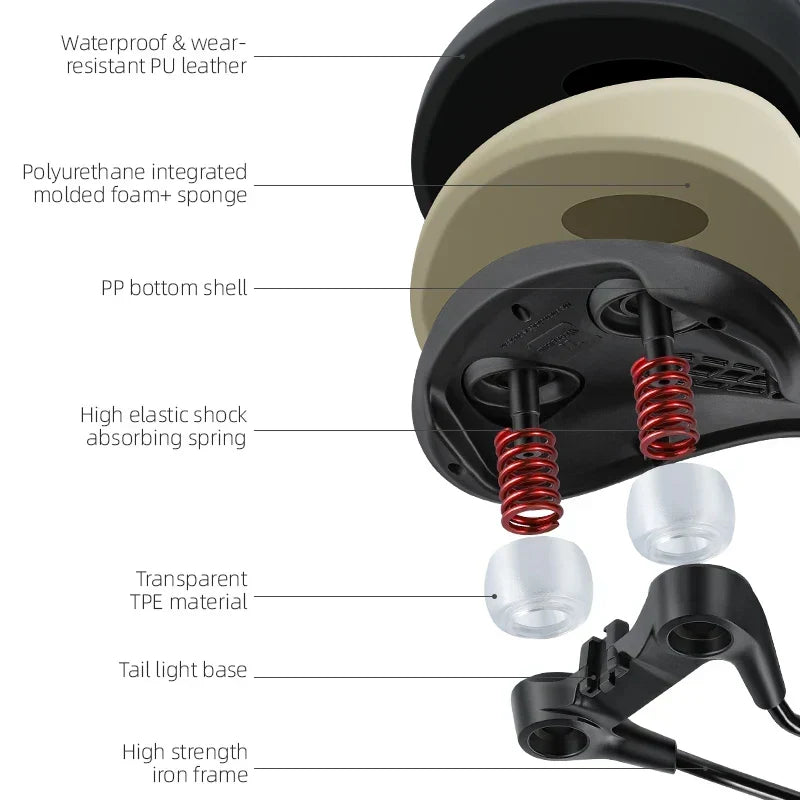 Ergonomisk sykkelsadel med støtdempende fjæring og pustende hulldesign for optimal komfort.