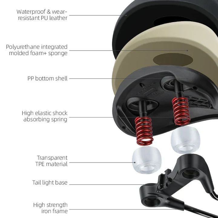 Ergonomisk sykkelsadel med støtdempende fjæring og pustende hulldesign for optimal komfort.