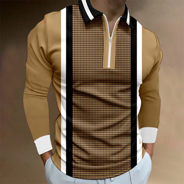 Ryggvisning av menns ensfargede slim fit poloskjorte med glidelås. Stilfull og komfortabel langermet.
