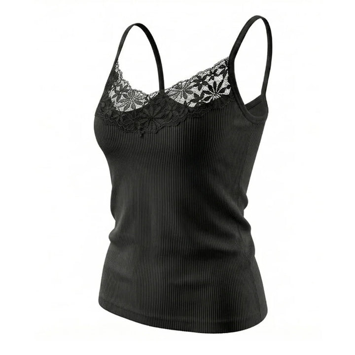Feminin, figurnær camisole i ribbet blonder med dyp v-hals. Ermeløs topp for elegant hverdagsbruk.