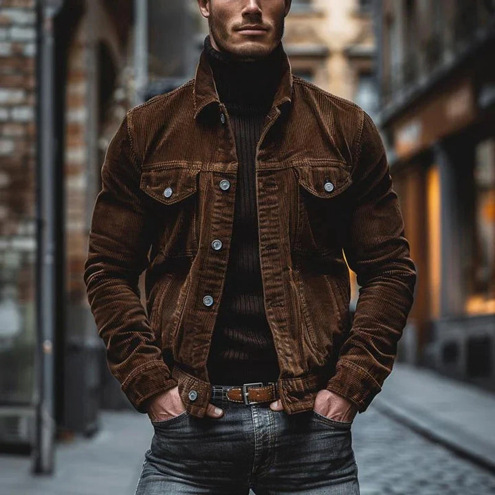 Nærbilde av klassisk krage og knapper på trendy herre cordfløyelsjakke. Vintage design.