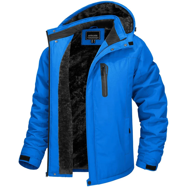 Herre vinterjakke med justerbar hette, vanntett softshell, tykt fleecefôr for optimal isolasjon.