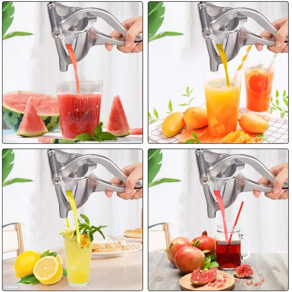 Manuell juicepresse i rustfritt stål, viser robuste deler for enkel montering og rengjøring.