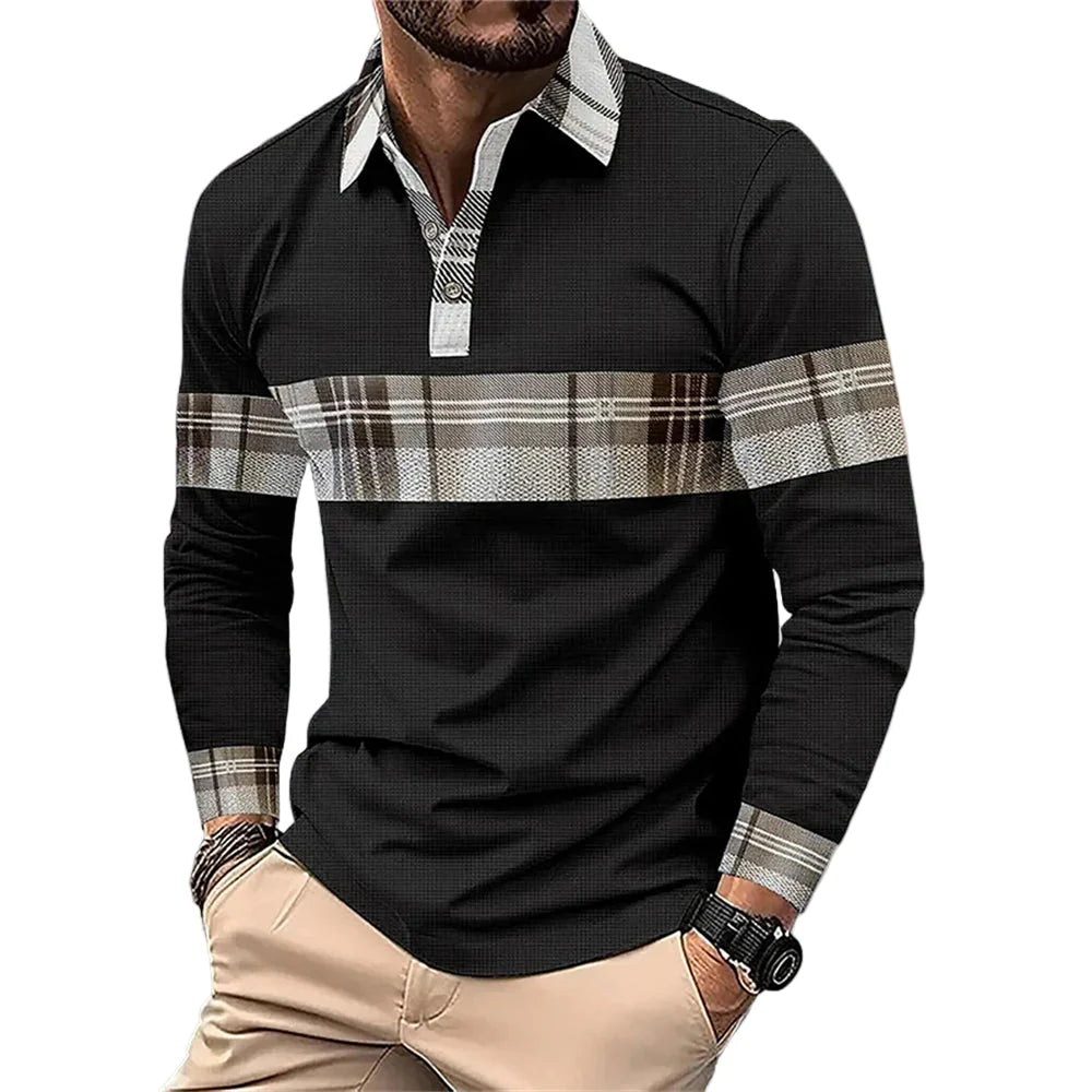 Komfortabel langermet polotrøye for menn i pustende polyester, ideell for hverdag og fritid.