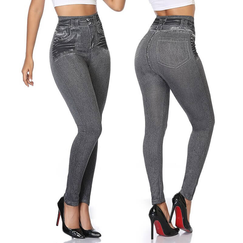 Blå høymidje jeans-leggings til kvinner, gir en flatterende og slankende effekt.
