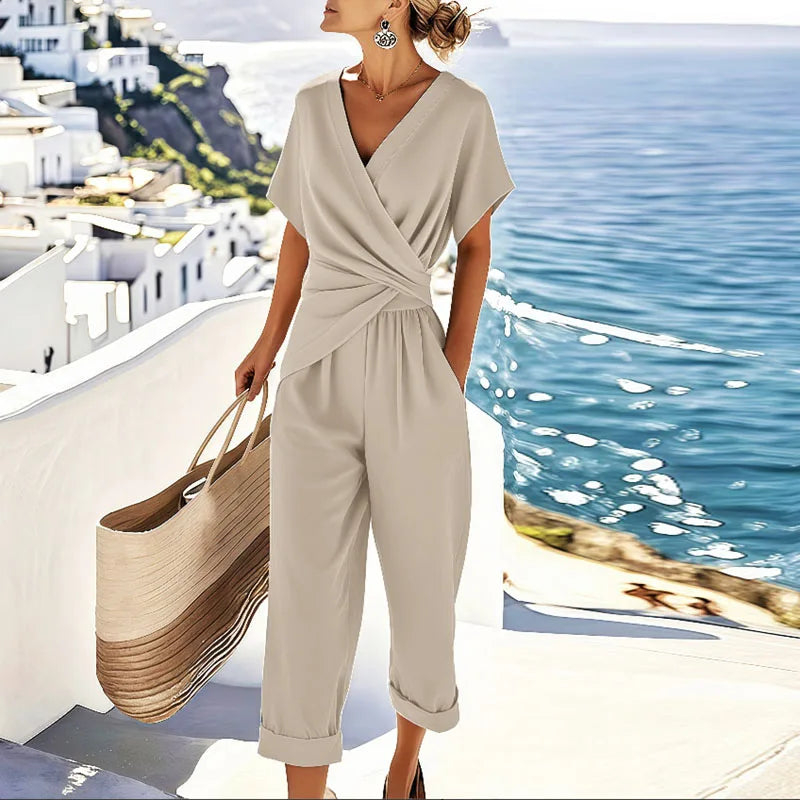 Elarin elegant todelt sommer sett for kvinner med wrap topp og bukse. Komfortabel fritidsklær i pustende stoff.
