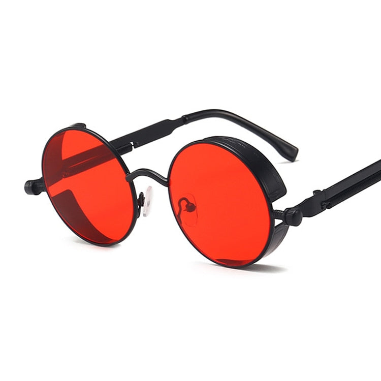 Retro gotiske solbriller for menn, runde linser, metallramme og optimal UV-beskyttelse.
