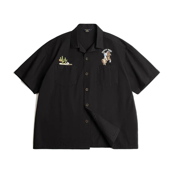 Brodert svart herreskjorte med cuban krage, en stilig retro kortermet hawaii skjorte for sommer, resort og strandstil.