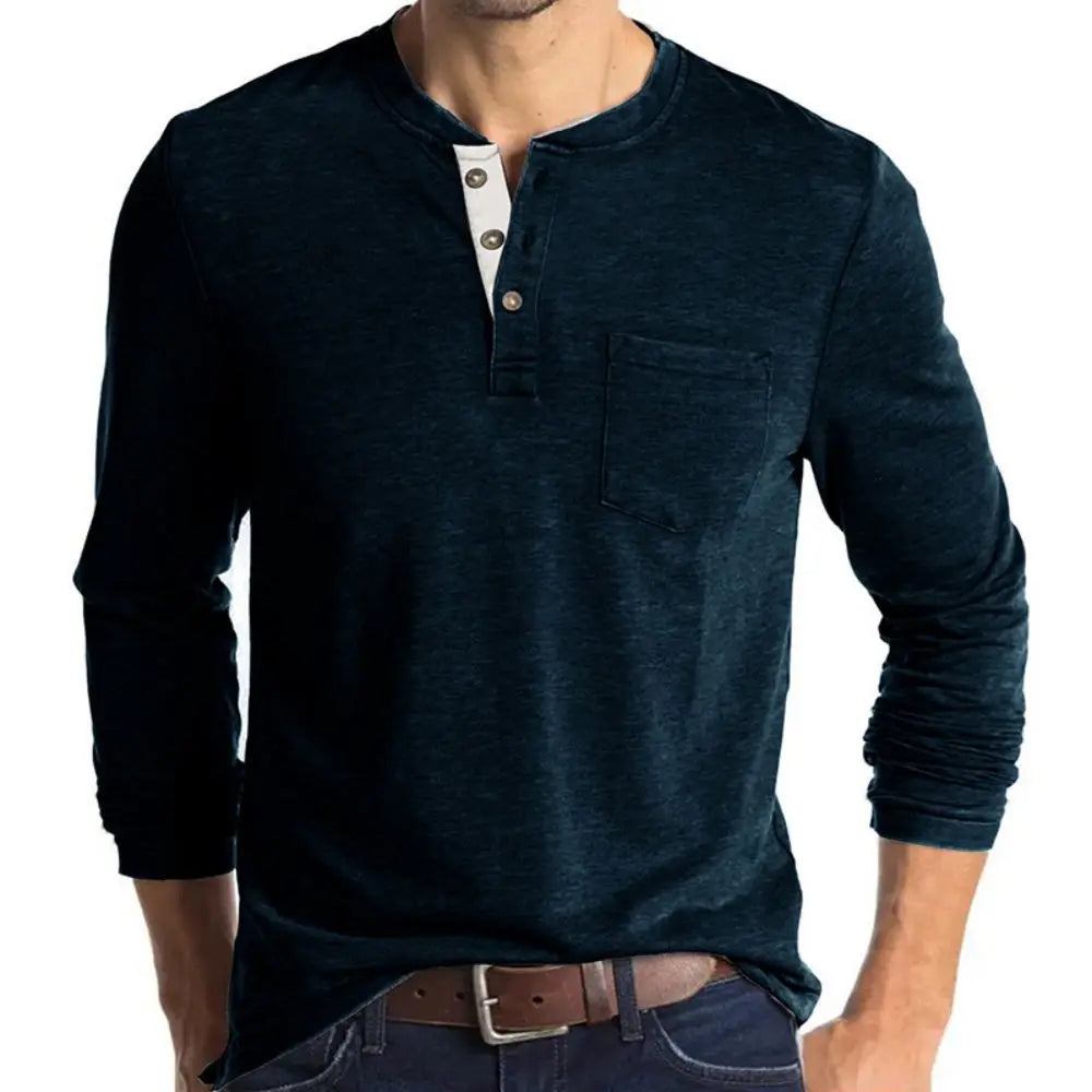 Stilig casual langermet Henley t-skjorte for herre, ensfarget og komfortabel med praktisk brystlomme.