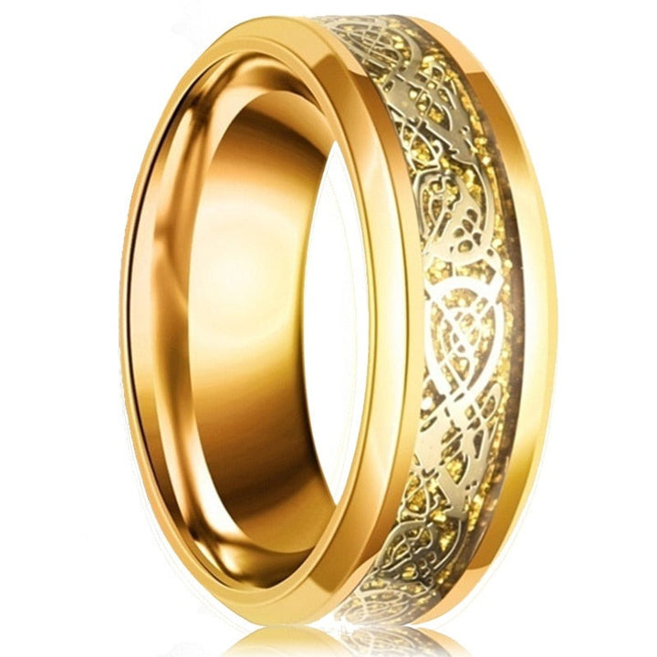 Trendy menns ring: Wolframkarbid med keltisk drage og karbonfiberdetaljer.