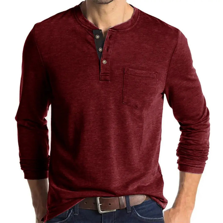 Varm og myk langermet herre Henley genser for høsten, ensfarget design med brystlomme.