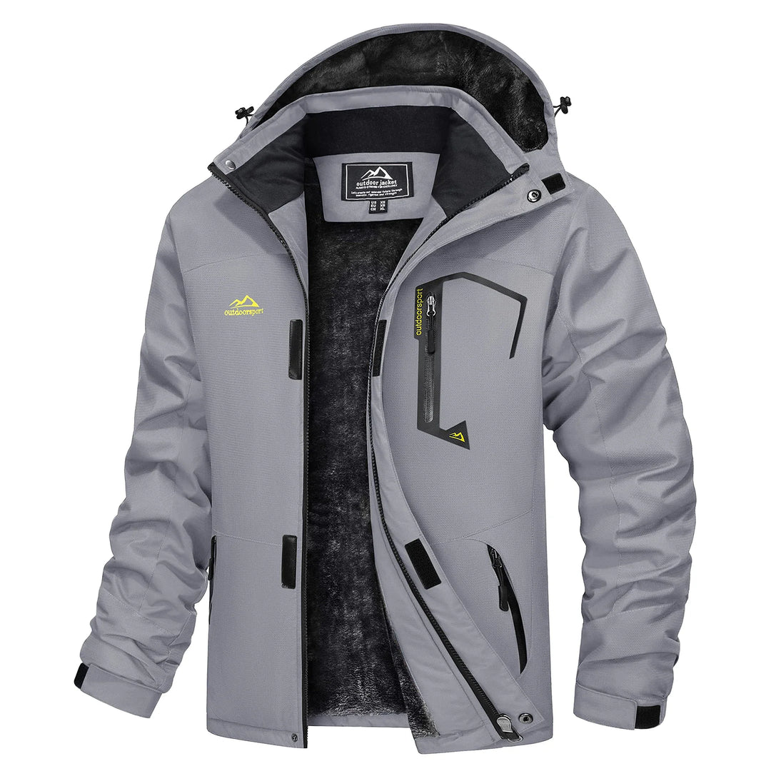 Grå herre parkas, tykk og isolert vinterjakke for kulde og ski.