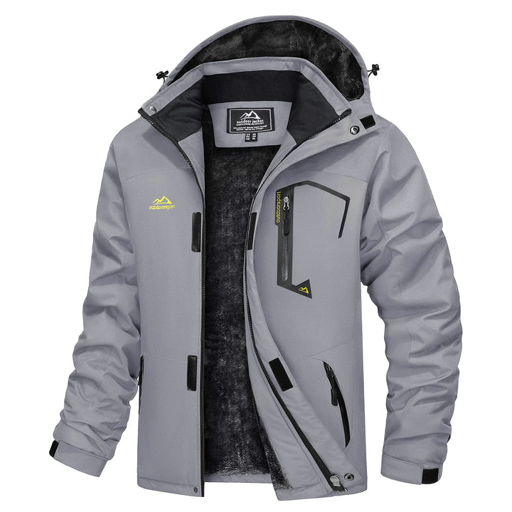 Grå herre parkas, tykk og isolert vinterjakke for kulde og ski.