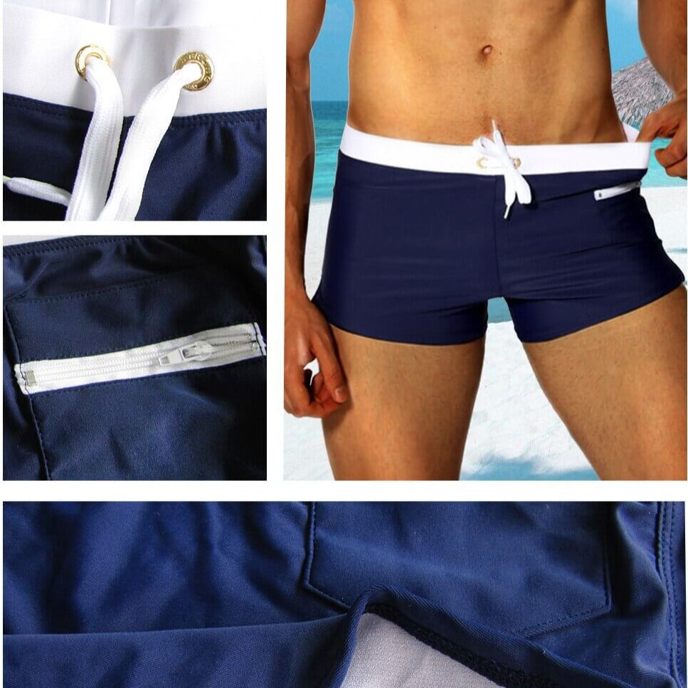 Menns badetøy: hurtigtørkende badeshorts, ensfarget og komfortabel for sommerbruk.