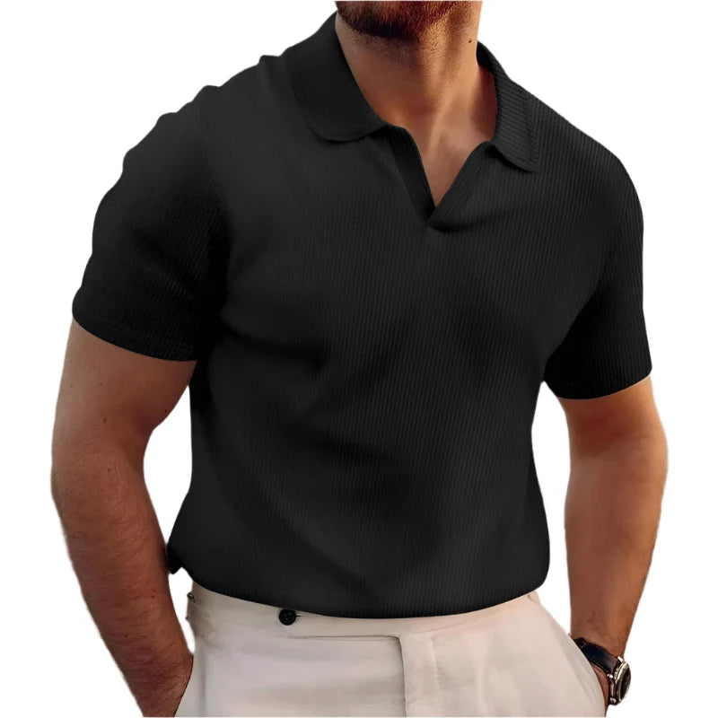 Herre vaffelstrikket polo t-skjorte, kortermet V-hals, for sommer og fritid.