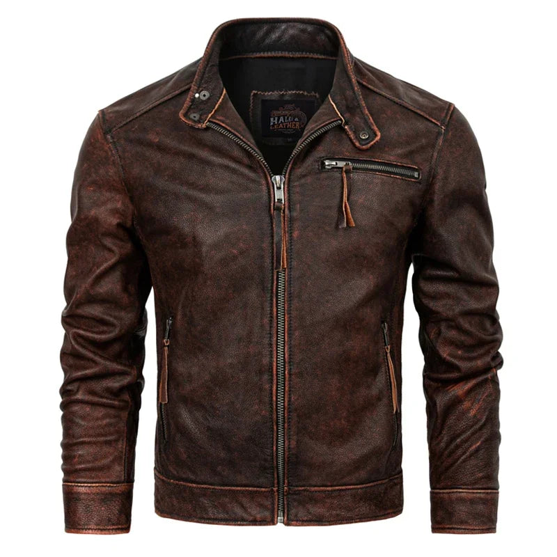 Robust og elegant herre skinnjakke i ekte kuskinn. Slim fit, tilgjengelig i brun og svart.