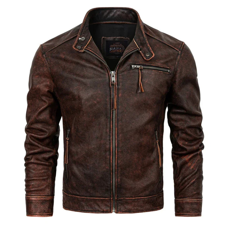 Robust og elegant herre skinnjakke i ekte kuskinn. Slim fit, tilgjengelig i brun og svart.