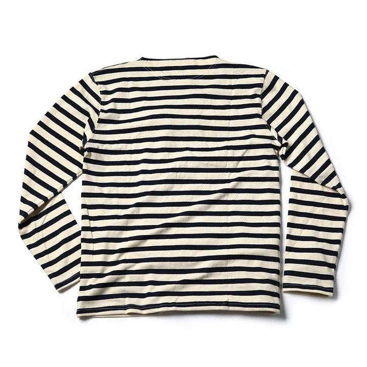 Ikonisk unisex sjømannsskjorte i Breton stil. Langermet, stripet bomull t-skjorte i beige og hvite farger.