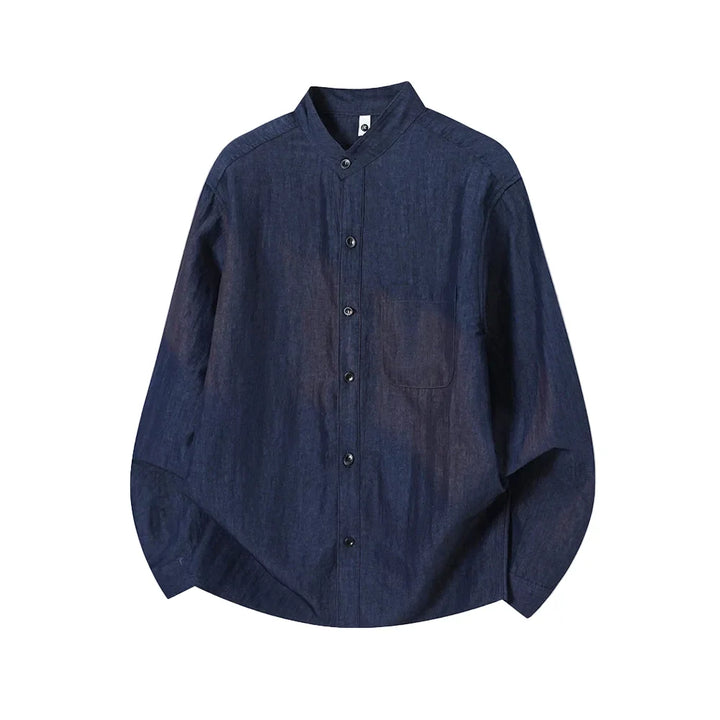 Minimalistisk herre linskjorte med ståkrage, kinesisk-inspirert stil for en moderne look.