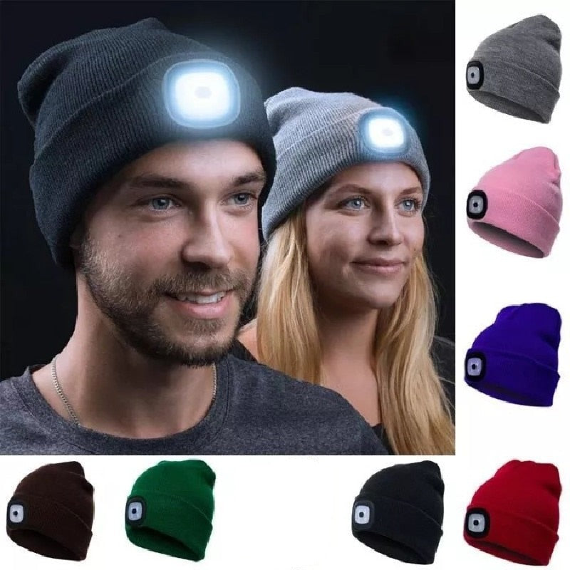 Unisex LED-lue for nattbruk, oppladbar strikkelue med lyssterk hodelykt for økt sikkerhet og sikt i mørket.