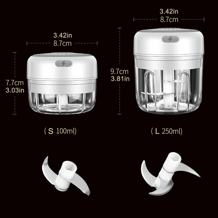 Nærbilde av mini elektrisk mathakker med elegant design. Kompakt kjøkkenutstyr for moderne hjem.