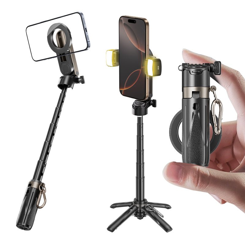 Multifunksjonell selfiestang som kan brukes som stativ og mobilholder med Bluetooth fjernkontroll.