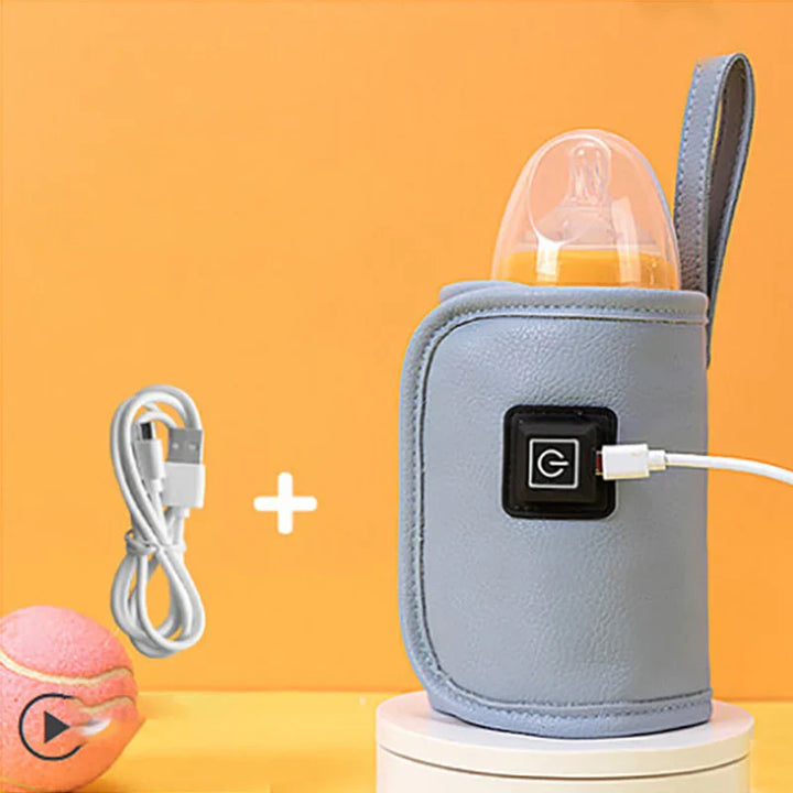 Foreldre varmer trygt babymat med justerbar USB flaskevarmer, praktisk og effektiv.