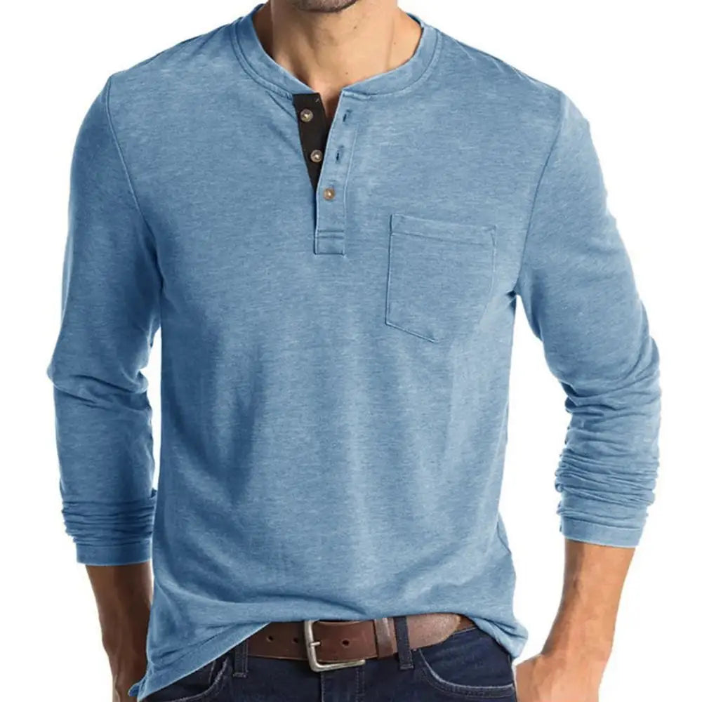 Komfortabel herre høstgenser, myk langermet Henley med tre knapper og brystlomme.