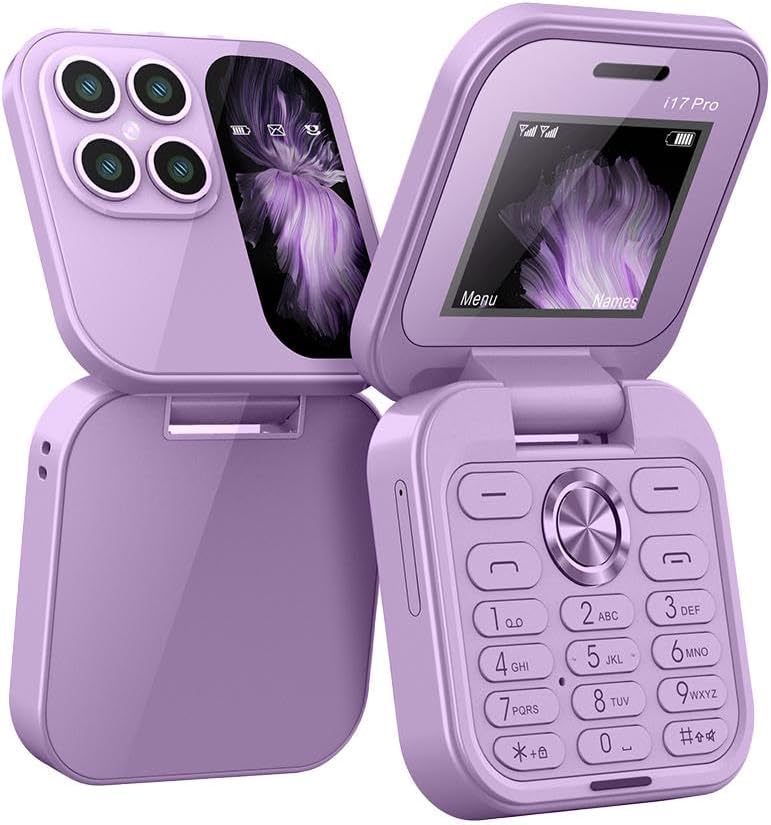 Åpen sammenleggbar mobiltelefon med stor skjerm, lommelykt og dual-SIM funksjon.