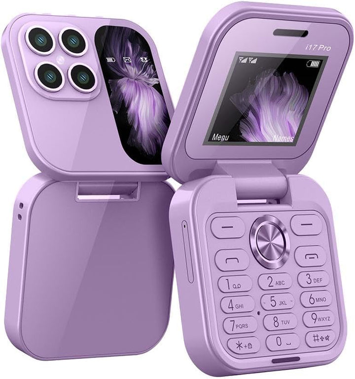 Åpen sammenleggbar mobiltelefon med stor skjerm, lommelykt og dual-SIM funksjon.