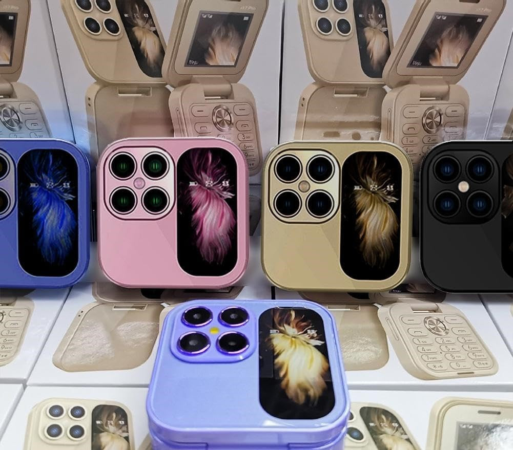 Sammenfoldet unisex mobiltelefon, viser kompakt design og lommelykt på siden.