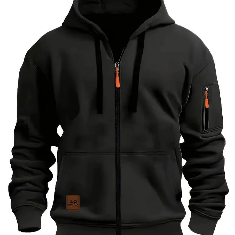 Frontbilde av menns sporty hettejakke i moderne design. Ideell for trening, reise og avslapning.