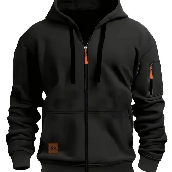 Frontbilde av menns sporty hettejakke i moderne design. Ideell for trening, reise og avslapning.