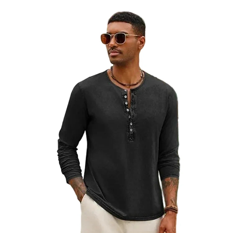 Menns vintage Henley langermet t-skjorte i vasket bomull. Komfortabel retro genser med knappelukking.