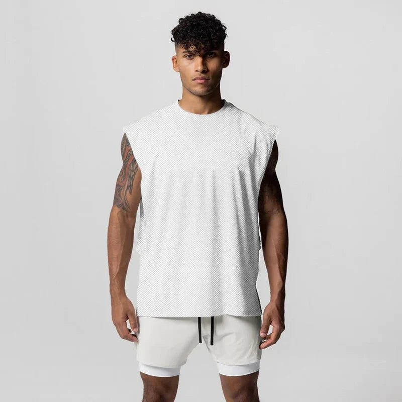 Herre singlet grå, ermeløs med åpen side, ventilerende for sommer trening og sport.
