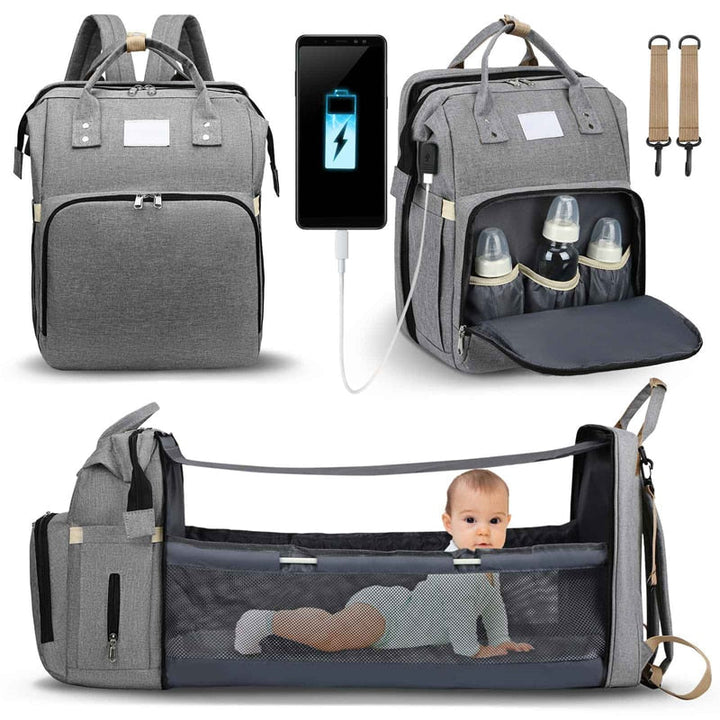 Hvit 2-i-1 baby bleieveske ryggsekk, multifunksjonell med soveseng, perfekt for reise og foreldre.