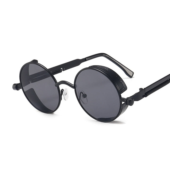 Herre steampunk solbriller med rundt design, metallramme & UV400-beskyttelse. Gotisk stil.