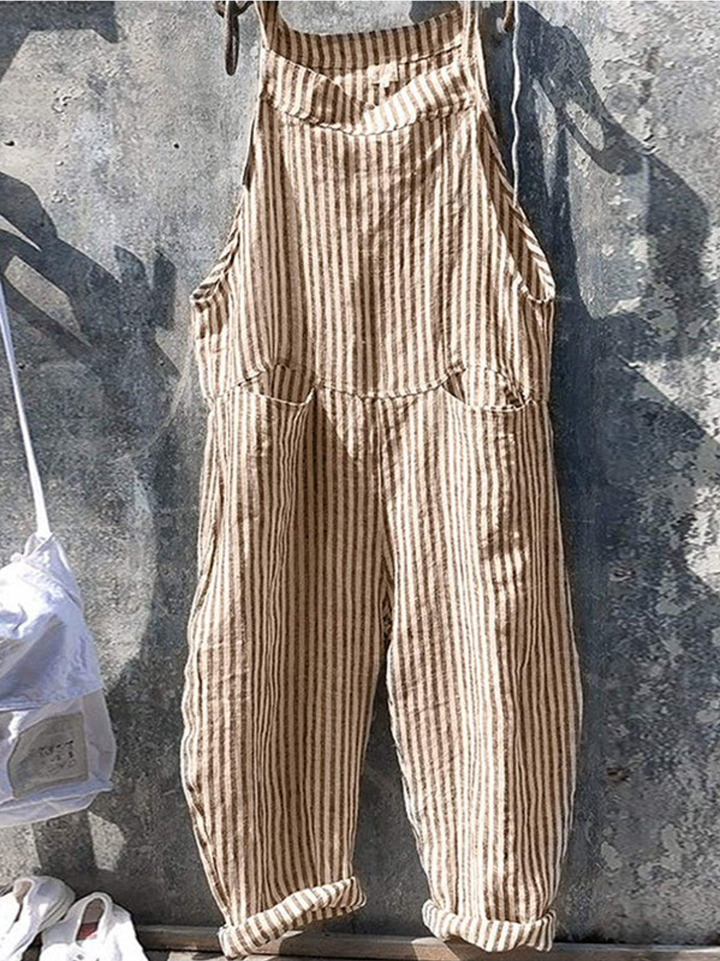 Komfortabel dame jumpsuit med striper, vide ben og ermeløs design. Allsidig hverdagsklær for vår og sommer.