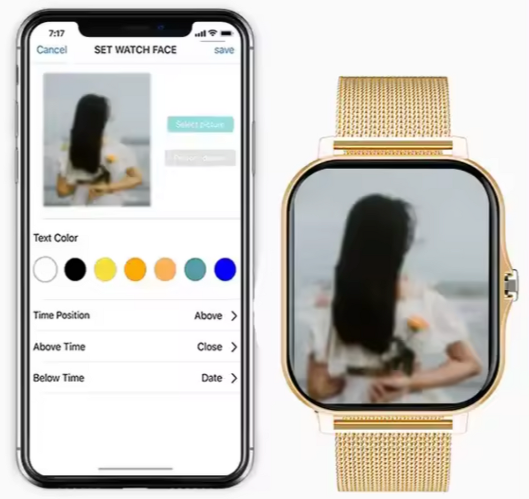 Detaljert visning av smartklokke-display som viser hjertefrekvens og notifikasjoner. Avansert kvinneklokke.