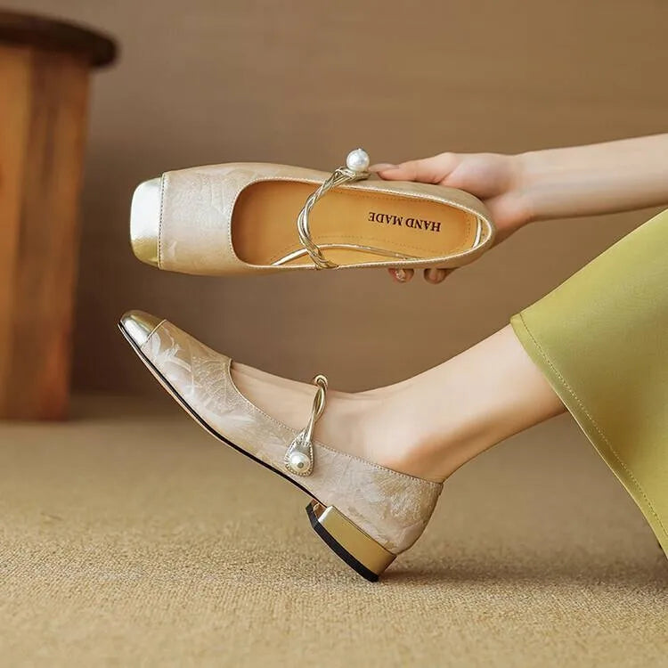 Elegante retro ballettflats til dame, Mary Jane design med kvadratisk tå, komfortable fest- og hverdagsstil.