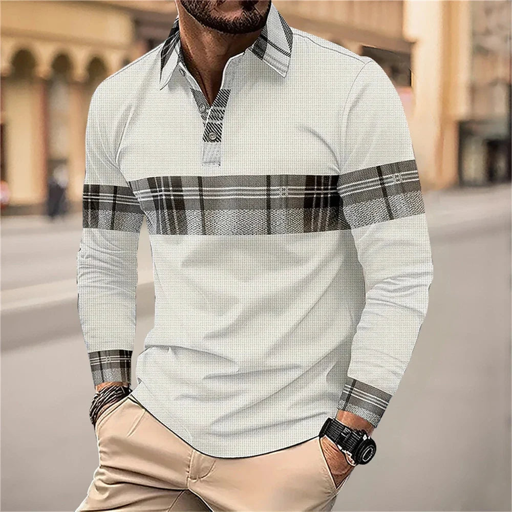 Detalj av kragen på en elegant, pustende langermet poloskjorte for menn i polyester.