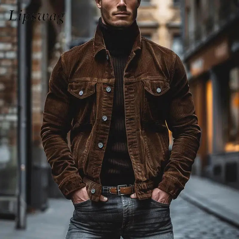 Detalj av myk cordfløyelsstoff på trendy herrejakke. Komfortabel casual ytterjakke for menn.