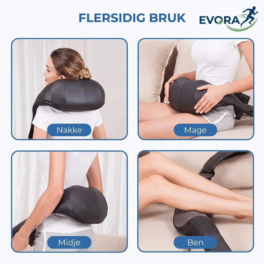 Kvinne bruker Shiatsu massasjeapparat for avslapning av stiv nakke og skuldre med varmeterapi hjemme.