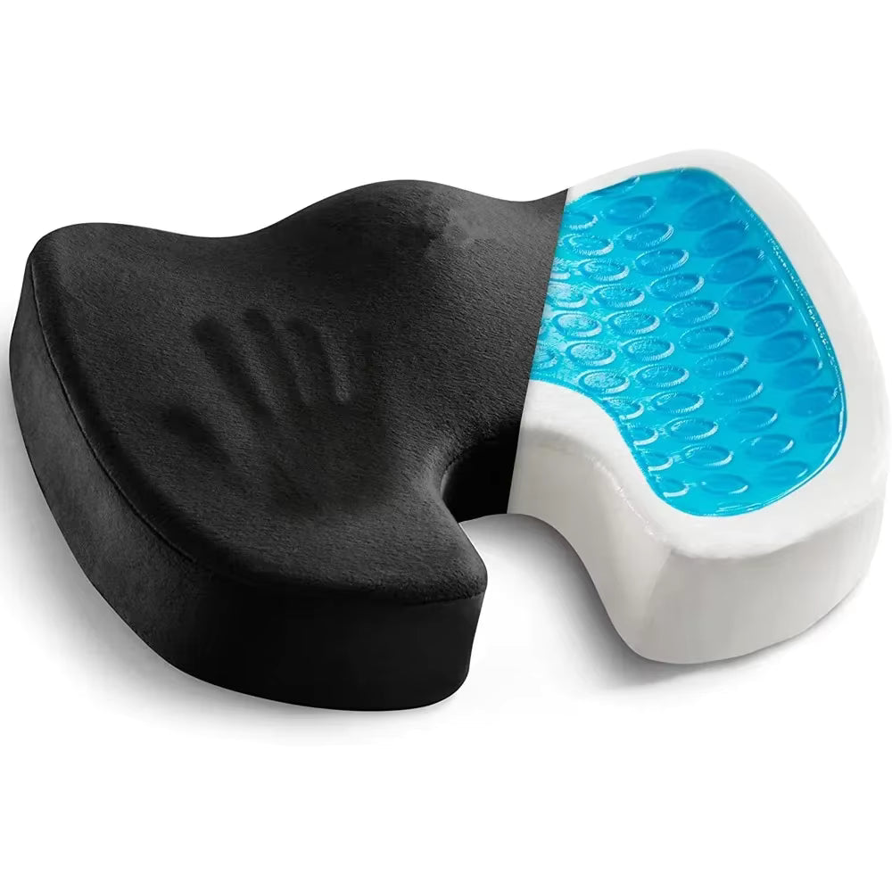 Ergonomisk sittepute i minneskum med gel for optimal komfort og avlastning i kontorstol eller bilsete.