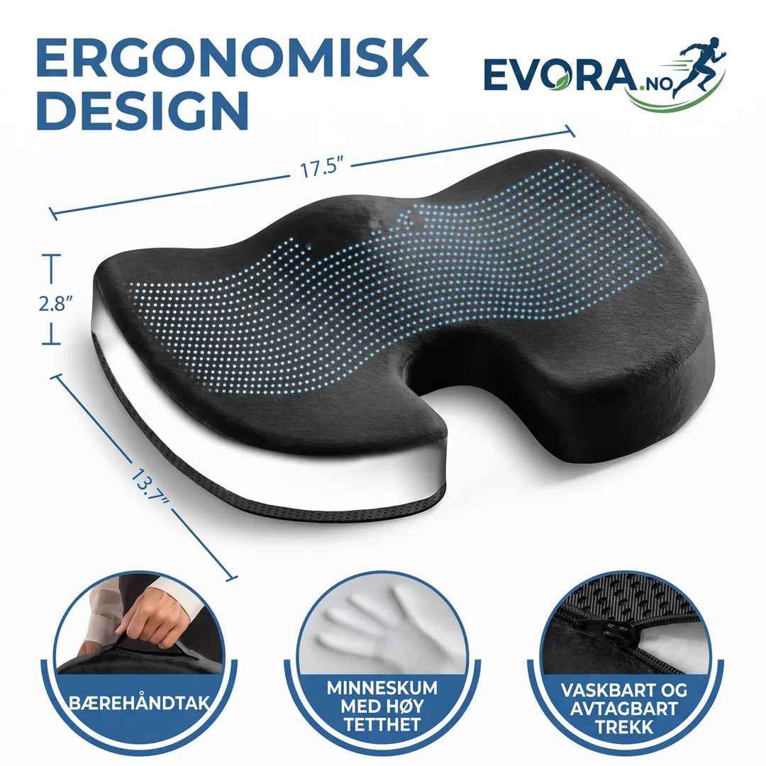 Sittepute med gel og minneskum, gir ergonomisk støtte og komfort. Perfekt for kontorstol, rullestol, bilsete.
