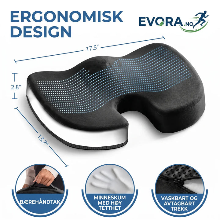 Sittepute med gel og minneskum, gir ergonomisk støtte og komfort. Perfekt for kontorstol, rullestol, bilsete.