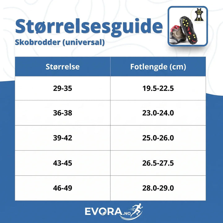 Praktiske skobrodder med metallpigger. Universell passform for optimalt grep på is og snø. Vinterens skotilbehør.