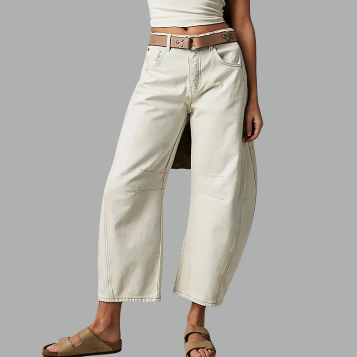 Khaki dame Cropped Barrel Leg Jeans. Jordnære avkortede viddebukser for en moderne hverdagsstil.