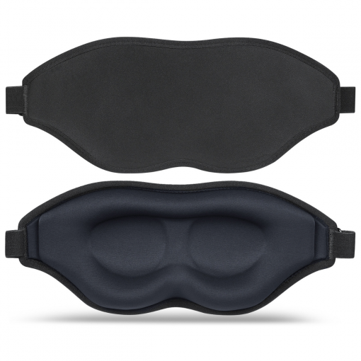 Reisevennlig 3D øyemaske med total mørklegging for dyp søvn, ofte inkludert ørepropper for ro.