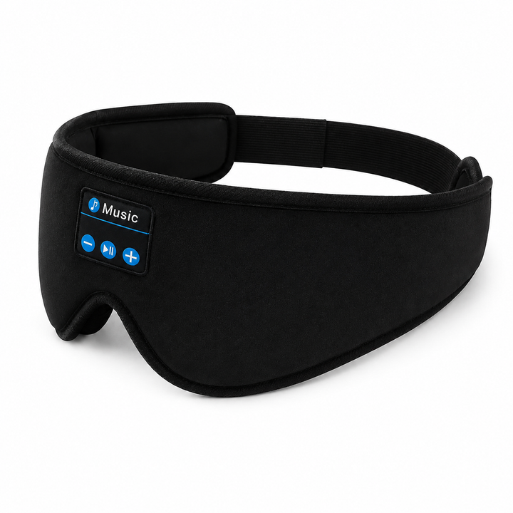 Svart komfortabel søvnmaske med innebygde Bluetooth hodetelefoner for avslapning og trådløs lyd.